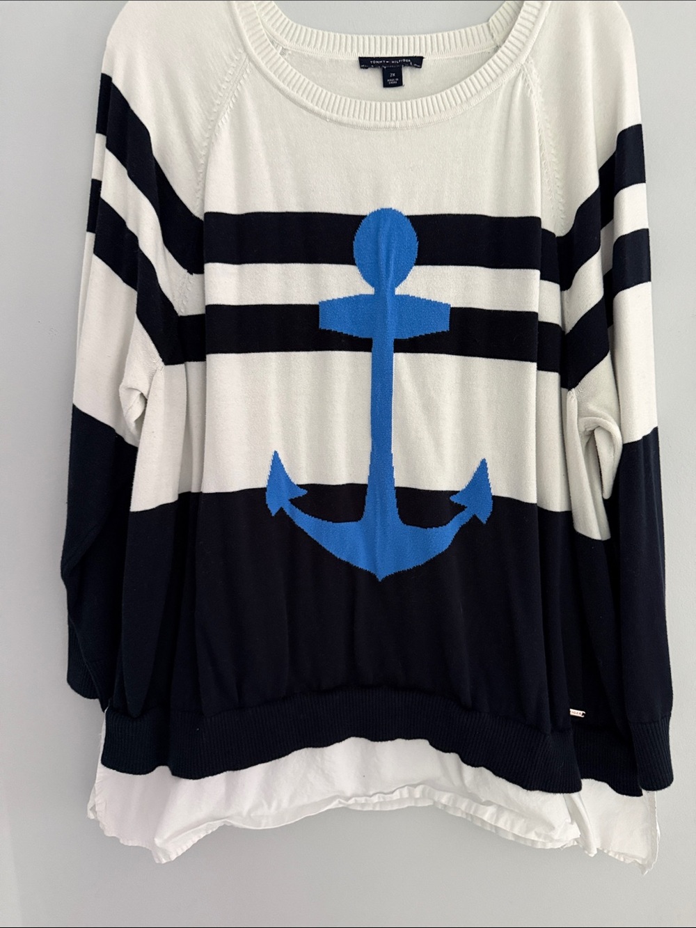 Tommy Hilfiger White, Black & Blue Anchor Striped Crew Neck Sweater